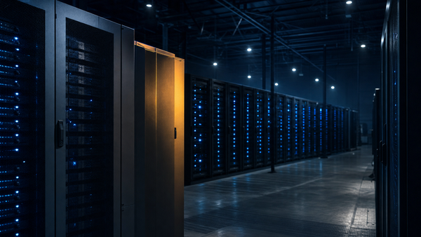 Hyperscale data center hall at night, rows of server racks with blue indicator lights, single amber accent on foreground cabinet — power and integrated infrastructure