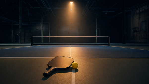 Empty professional pickleball court in dark warehouse, single amber spotlight, paddle and yellow ball in foreground — converted real estate aesthetic