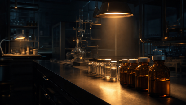 Pharmaceutical research lab at night, row of clinical-grade glass and amber medicine vials on a steel counter under a single warm amber spotlight, dark navy lab equipment in background