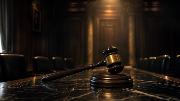 A heavy wooden gavel with a brass band rests on a polished marble government boardroom desk, illuminated by a single warm amber spotlight against deep navy shadow