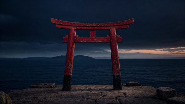 A weathered red torii gate stands alone on a stone pier at dusk against deep navy water and darkening sky