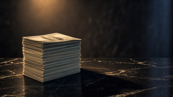 A tall stack of crisp banknotes balanced on a polished black marble desk under a soft amber spotlight