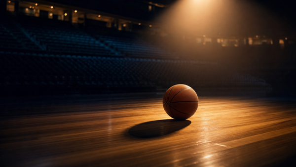 A basketball rests on polished hardwood beneath a single warm amber spotlight in an empty arena at dusk