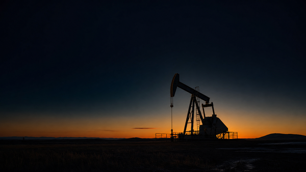 Silhouette of a pump jack against a dark navy sky transitioning to a warm amber horizon at dusk
