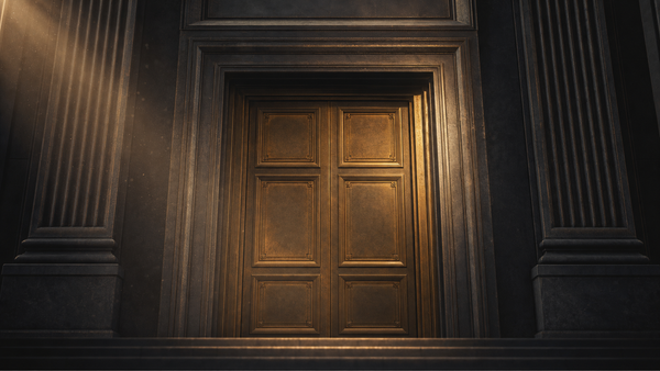 A monumental bronze central bank door set into a dark stone facade lit by amber rim light — Solomon Grey Capital editorial illustration for the post-PCE Fed rates repricing piece.