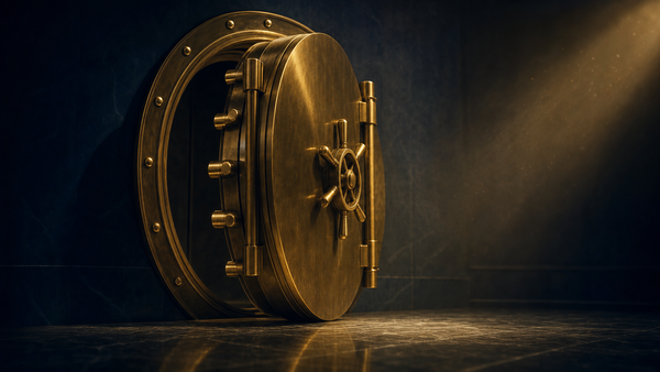 Polished brass vault door set in dark marble, lit from above with a warm amber accent — Solomon Grey Capital editorial illustration for the Fed stress test and JPMorgan buyback piece.