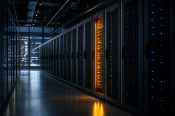 A cinematic low-angle interior shot of a modern enterprise server room at night with dark charcoal racks receding into perspective and one central rack glowing amber against a backdrop of ...