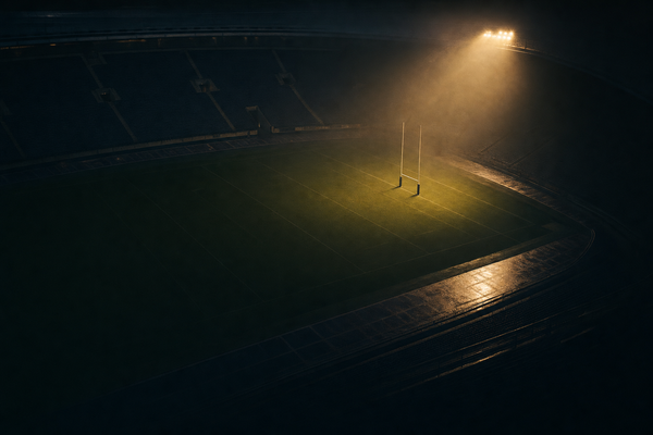 A cinematic overhead view of an empty rugby stadium at night with a single warm amber floodlight illuminating one corner of the field and the goalposts silhouetted against misty dark navy ...