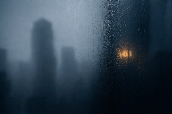A cinematic abstract close-up of dark navy fogged glass with blurred skyscrapers dissolving into mist behind it and a single warm amber light glowing on the right side through the fog.