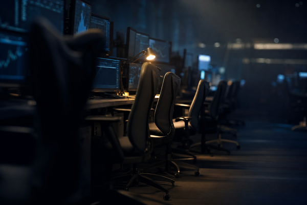 A cinematic abstract low-angle view of an empty modern trading floor at night with rows of ergonomic chairs and a single warm amber desk lamp illuminating one workstation in the middle dis...