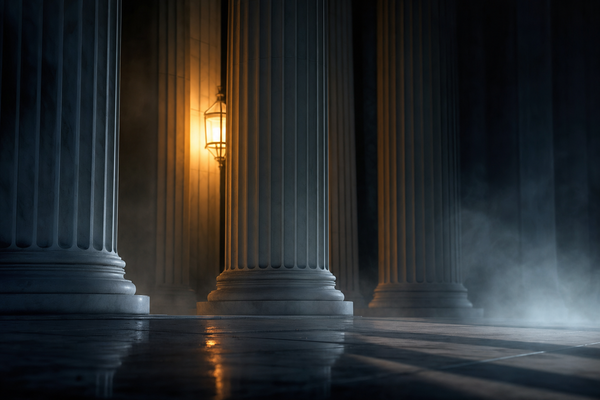 Classical government building columns at night with a single amber lantern between them, atmospheric mist and dark navy tones.