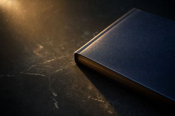 A dark navy leather-bound ledger on a charcoal marble surface, lit by a warm amber shaft of light with floating dust motes.