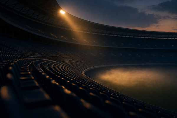 An empty stadium at twilight with tiered dark seating swept by a warm amber floodlight, mist rising from the pitch, muted moody atmosphere.