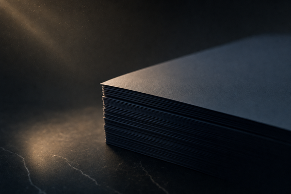 A dark navy stack of paper documents on charcoal marble catching a warm amber shaft of light, atmospheric dust motes, muted mood.