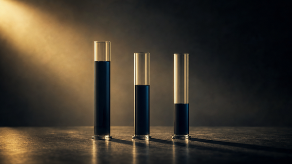 Three tall glass cylinders in navy liquid at graduated levels on charcoal, backlit by warm amber shaft of light, editorial 16:9 composition.