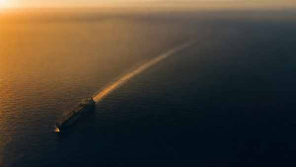 Aerial silhouette of a single oil tanker cutting through dark navy ocean with amber dawn light catching its wake diagonally across a wide 16:9 composition.