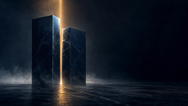 Two dark navy marble monoliths at slightly different heights on charcoal marble, separated by an amber shaft of light, editorial 16:9 composition.