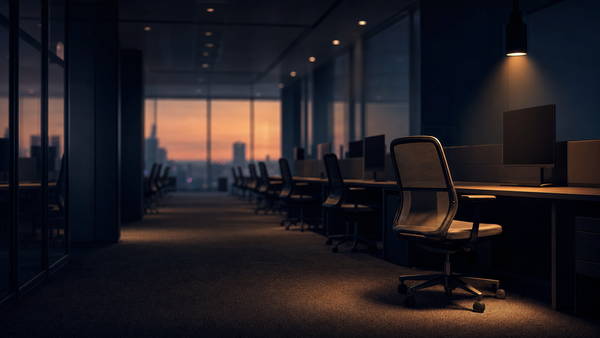 An almost-empty modern office corridor at dawn with rows of vacant chairs and dark monitors, one chair lit by a single amber overhead lamp — Solomon Grey Capital editorial illustration for...
