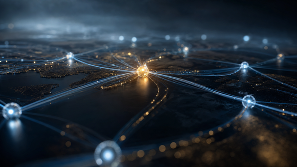 Abstract network of luminous ribbons connecting glowing nodes across a dark surface, symbolizing cross-border payments infrastructure and distributed ledger flows.