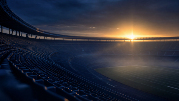 Empty NFL stadium at dusk with a single warm sun on the horizon, symbolizing the scarcity and institutional gravity of American football franchise ownership.