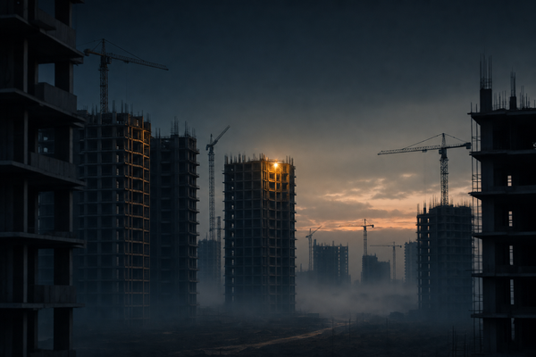 A cinematic dusk skyline of half-finished Chinese residential skyscrapers with construction cranes silhouetted against a deep navy sky, one amber floodlight glowing from a lone unfinished ...