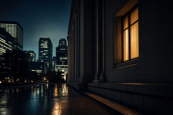 A cinematic night-time view of a Tokyo government building with a single amber-lit window, rain-slicked pavement in the foreground and the Kasumigaseki skyline in the deep navy background.