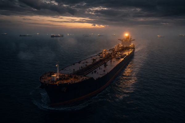 A cinematic dusk aerial view of a dark hulled oil tanker cutting through navy waters with a lone amber beacon glowing on its superstructure and distant vessels silhouetted on the misty hor...