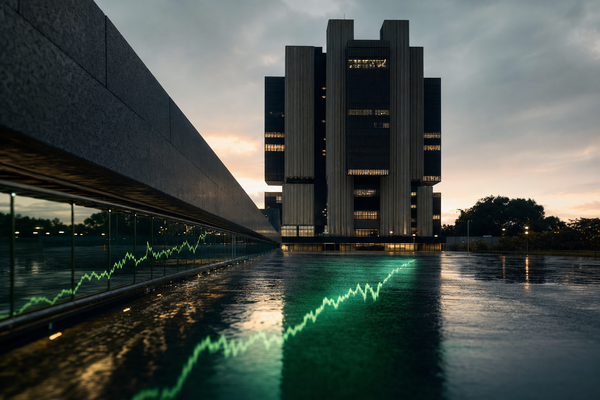 Brazilian central bank headquarters at dawn with a green yield curve reflected in wet pavement