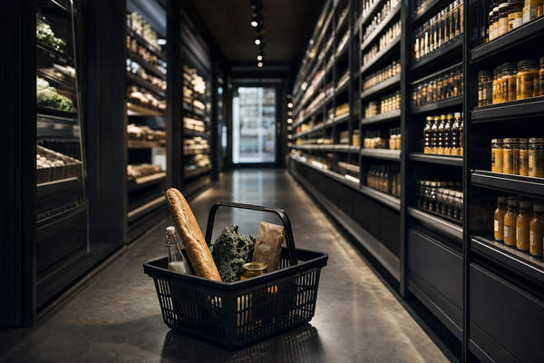 Selective household spending represented by a grocery basket in a quiet aisle