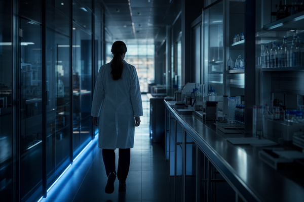 A cinematic editorial image of a pharmaceutical research corridor with a single blue-lit path through shadowed glass and steel