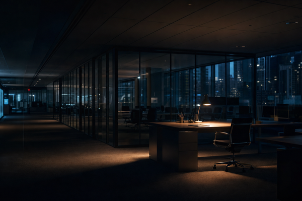 A quiet blue-lit office floor before the payrolls release, with one desk illuminated in the darkness