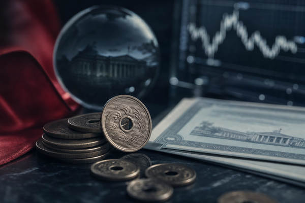 Japanese yen coins and US dollar notes beside a blurred currency market screen