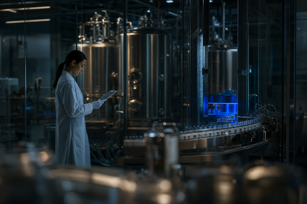 A pharmaceutical manufacturing line with stainless steel vessels and blue rim lighting