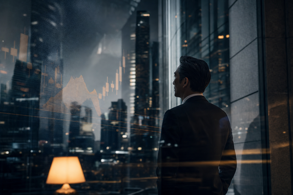 An Asian financial district at blue hour reflected in a bank window