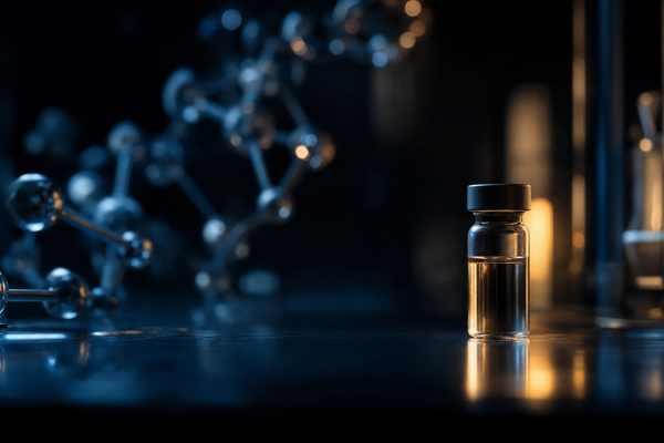 Dark navy oncology laboratory with an illuminated vaccine vial and molecular forms