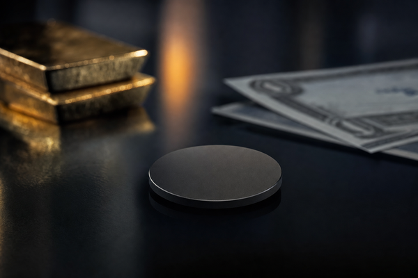 A matte black disc beside gold bars and blurred treasury paper in a dark editorial setting