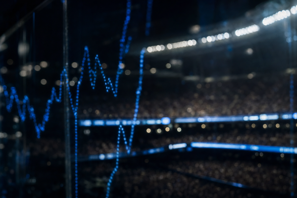 Abstract stadium lights and live sports data in a dark editorial setting