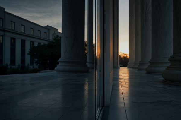 Federal Reserve inspired columns and a split reflection in a dark editorial setting