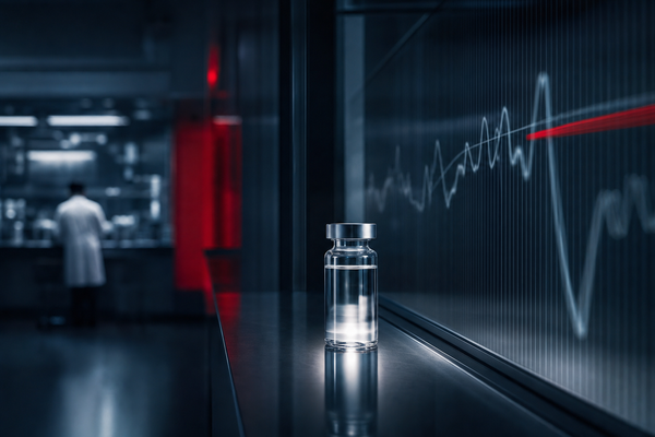 A clinical research vial beside an abstract cardiovascular waveform in a dark editorial laboratory setting