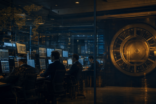 A dark currency trading room beside a glowing reserve vault representing managed yuan appreciation