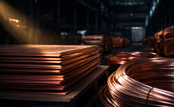 Copper sheets and coils in a dark warehouse, representing a policy-driven supply squeeze