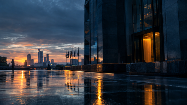 A dark European central bank facade at dawn with amber light reflected on wet stone