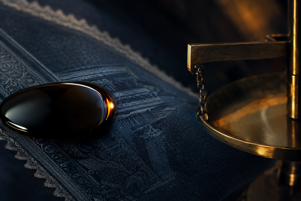 Oil droplet and brass balance beam over dark Treasury paper