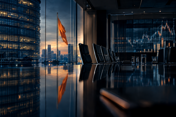 Indian corporate boardroom and skyline reflected on a dark polished table