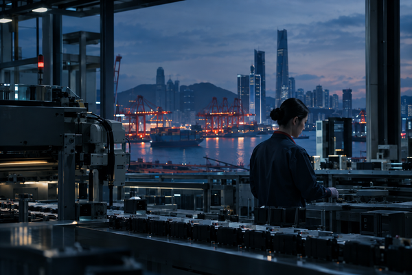 A modern Chinese factory overlooking a lit industrial port at blue hour