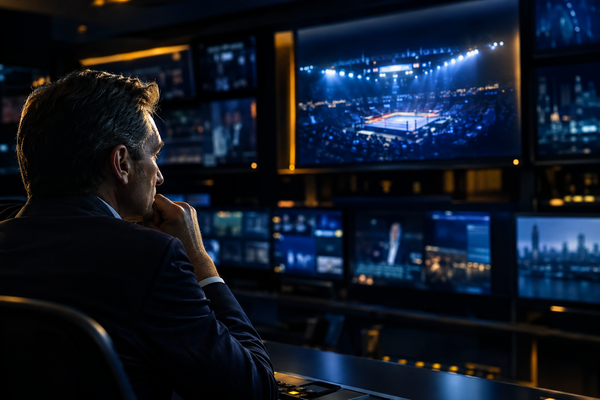 Sports broadcast control room with a live arena feed, representing Paramount-WBD rights consolidation