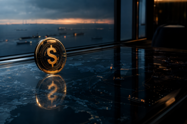 Abstract dollar token and global shipping routes representing stablecoin expansion and Treasury risk