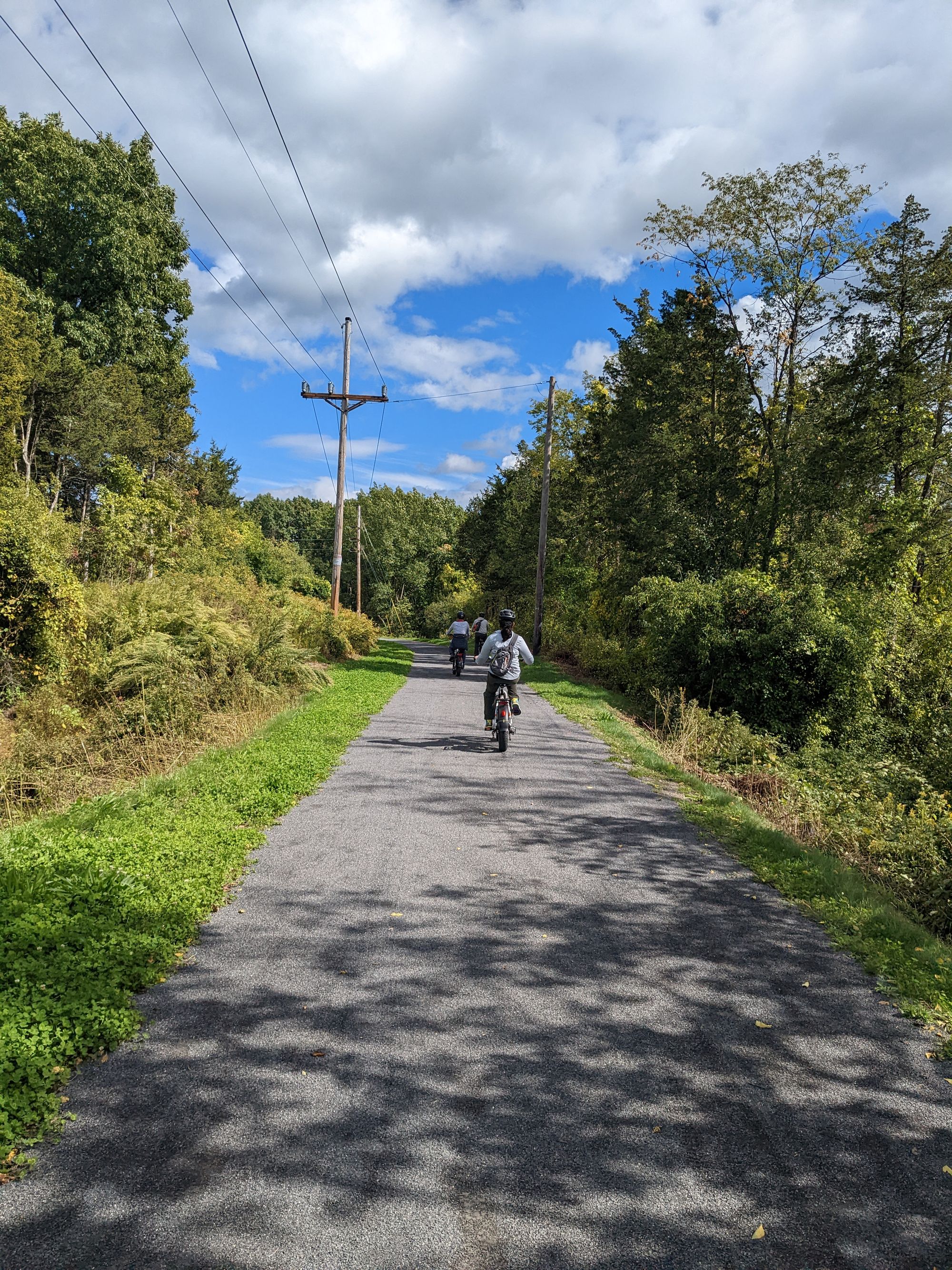 Three people riding bikes on a bike path in nature.