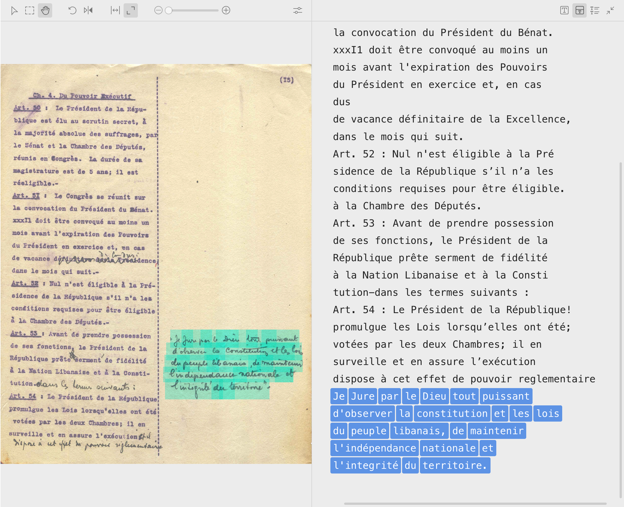 A split page of text from the software program Tropy. On the left, a type written and hand-annotated page of French text. A handwritten note on the side is highlighted in blue. On the right, computer text transcription in a serif font. A highlighted portion corresponds to the light blue highlighted handwritten text. 