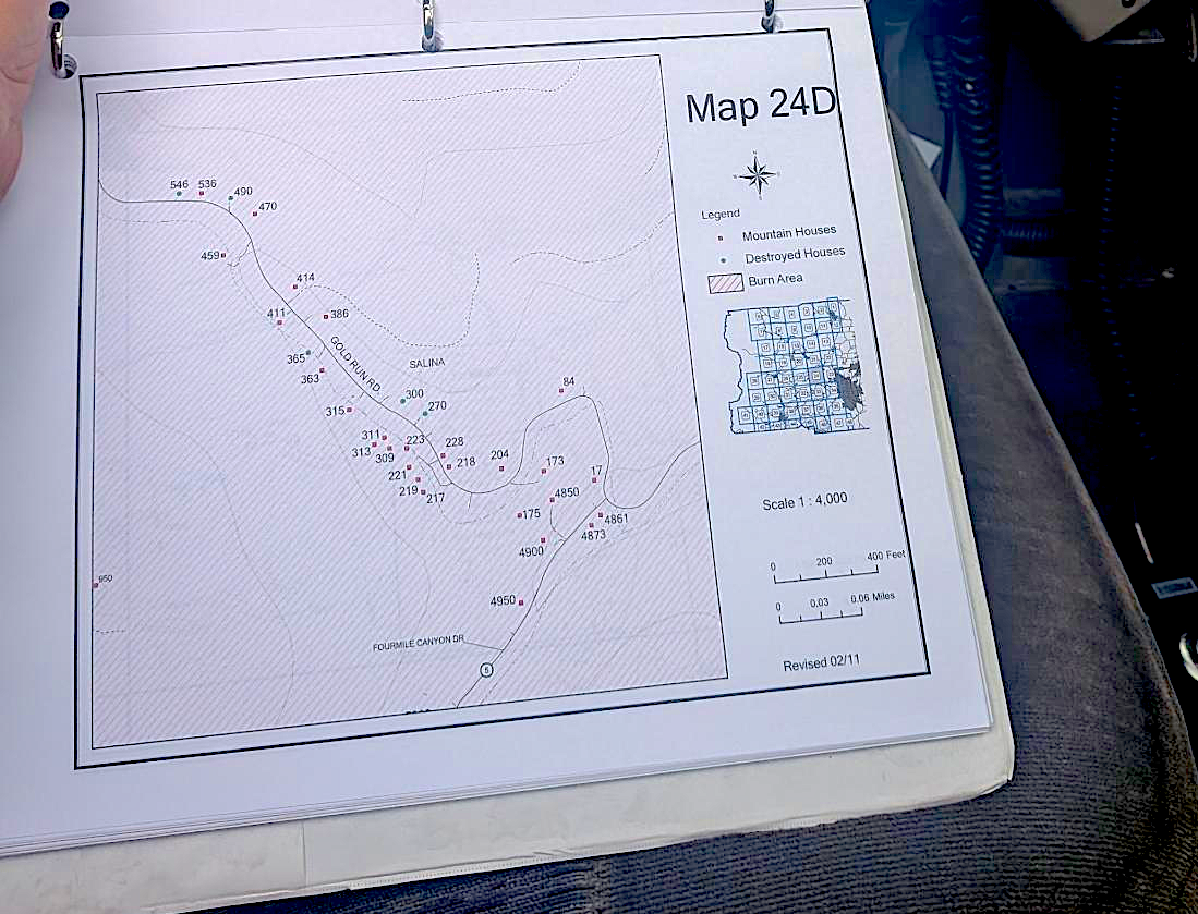 A map printed in black and white with dots showing coordinates of fire locations. It is labeled Map 24D with a compass point and a legend. 